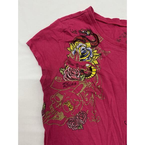 Vtg Y2K Women’s Ecko Hot Pink Babydoll Top Fitted Tattoo Grunge McBling Large - Picture 5 of 12